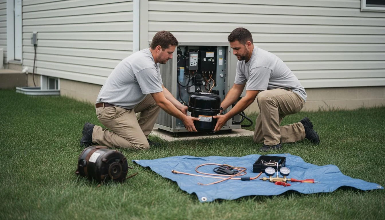 Two HVAC technicians lowering a new black compressor into an open residential condenser cabinet beside a house, the work behind ac compressor replacement cost in 2026