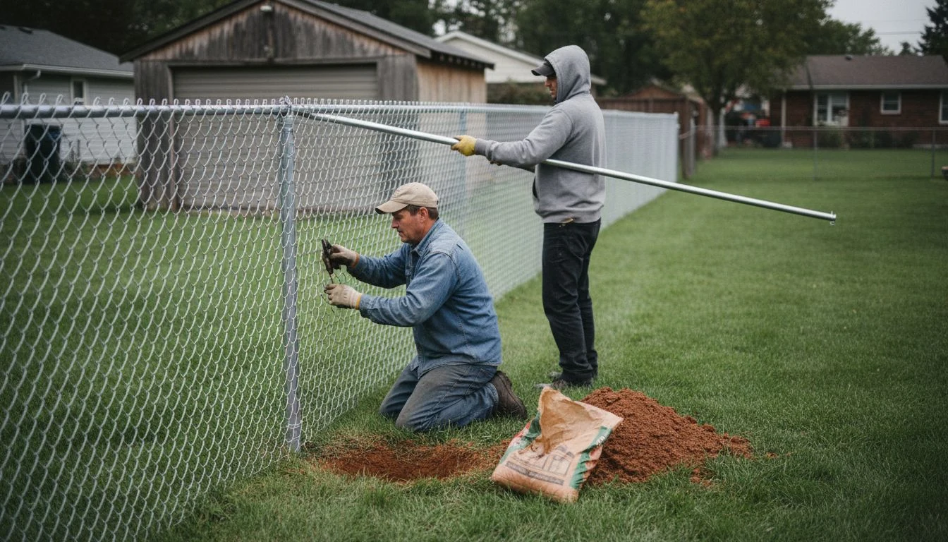 Two installers wiring galvanized chain link mesh to a steel line post along a suburban backyard line, the work behind chain link fence cost to install in 2026
