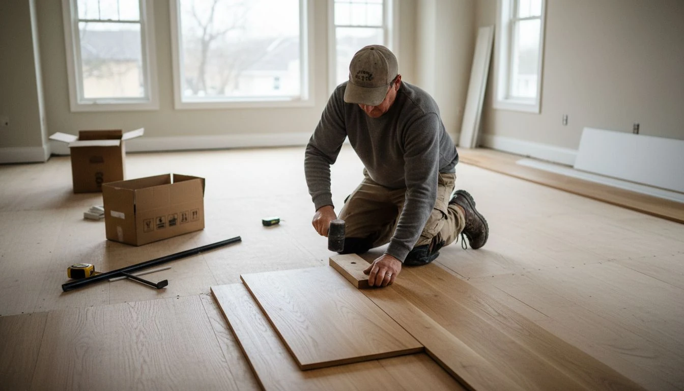 A flooring installer tapping a warm oak engineered plank into place with a tapping block in a bright empty living room, half the floor laid and half bare subfloor, the work behind the cost to install engineered hardwood