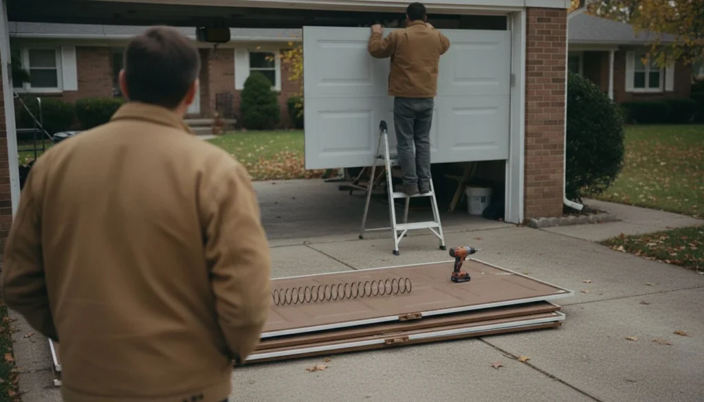 Cost to replace garage door 2026: an installer fitting a new steel garage door panel into the track while the old dented panels sit on the driveway
