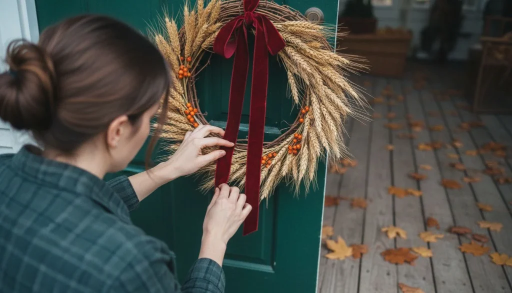 A woman hanging a handmade DIY fall wreath of dried wheat and orange berries with a red velvet ribbon on a green front door, autumn leaves on the porch boards