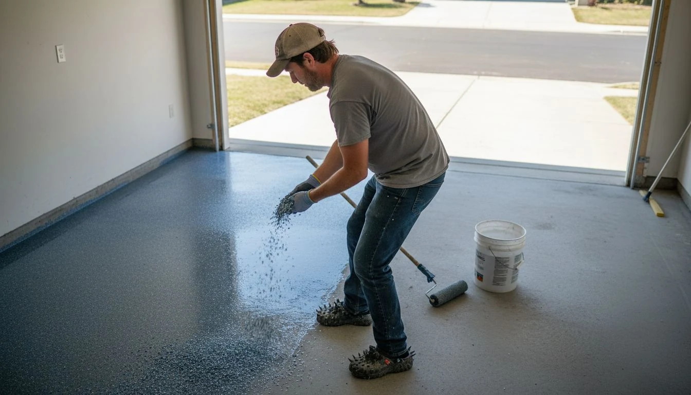 A flooring installer in spiked shoes broadcasting color flakes over wet epoxy in a two-car garage, half the bay still bare concrete, showing what epoxy floor installation cost covers in 2026