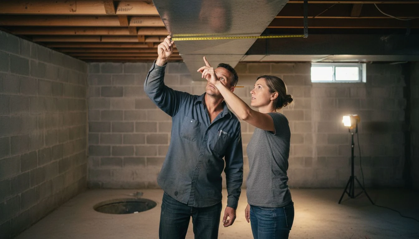 A contractor measuring finished ceiling height under a duct in an unfinished basement while the homeowner points up at it, the walkthrough to run with finishing basement contractors
