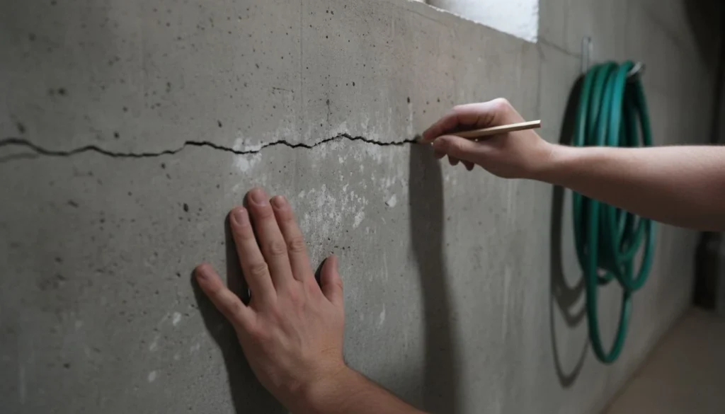 Two hands marking the end of a long horizontal crack in a grey poured concrete basement wall with a pencil, the damage behind foundation repair cost in 2026