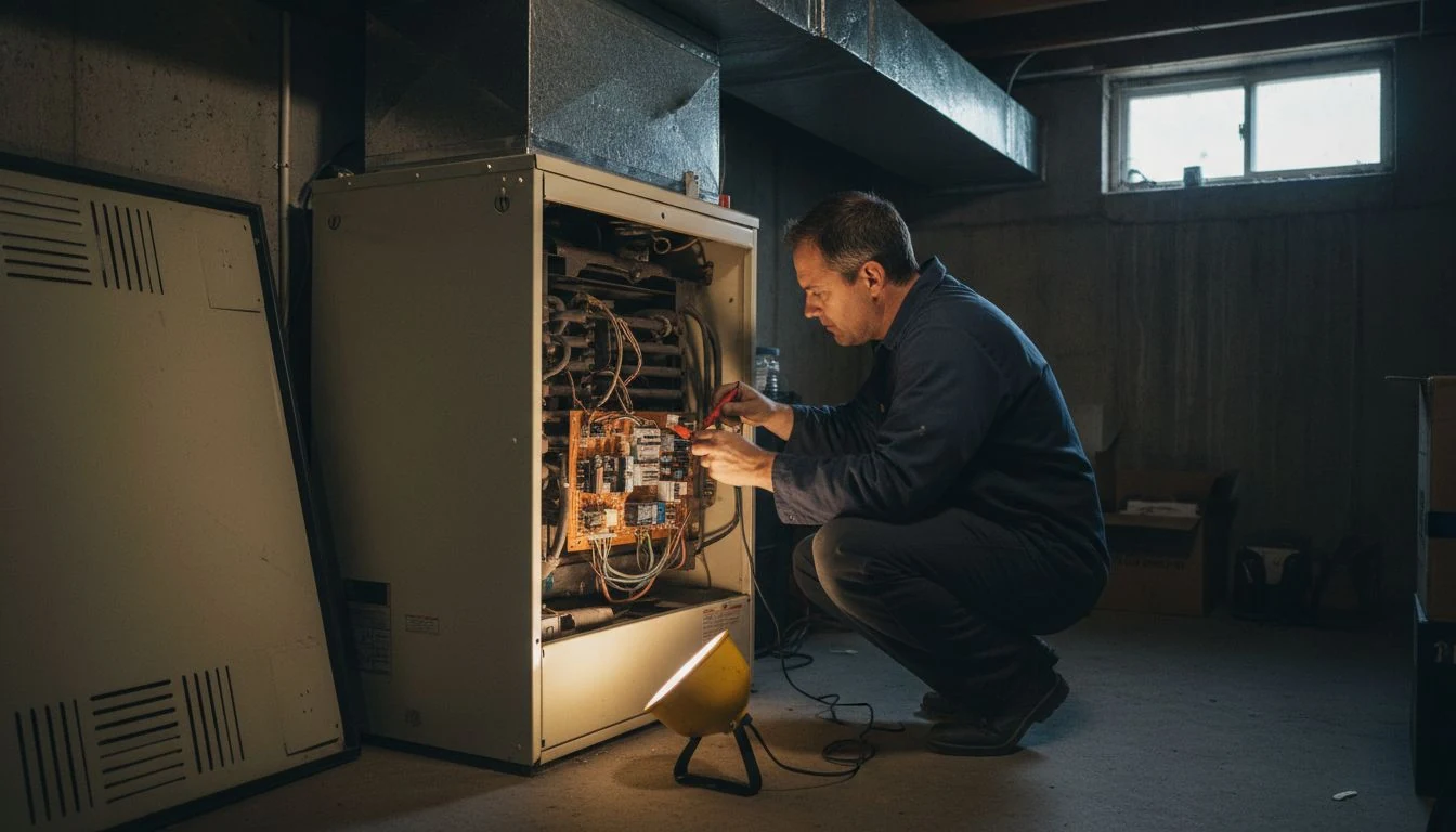 A technician crouched at an open gas furnace in a basement utility room checking the control board with a multimeter, the diagnostic behind furnace repair cost in 2026