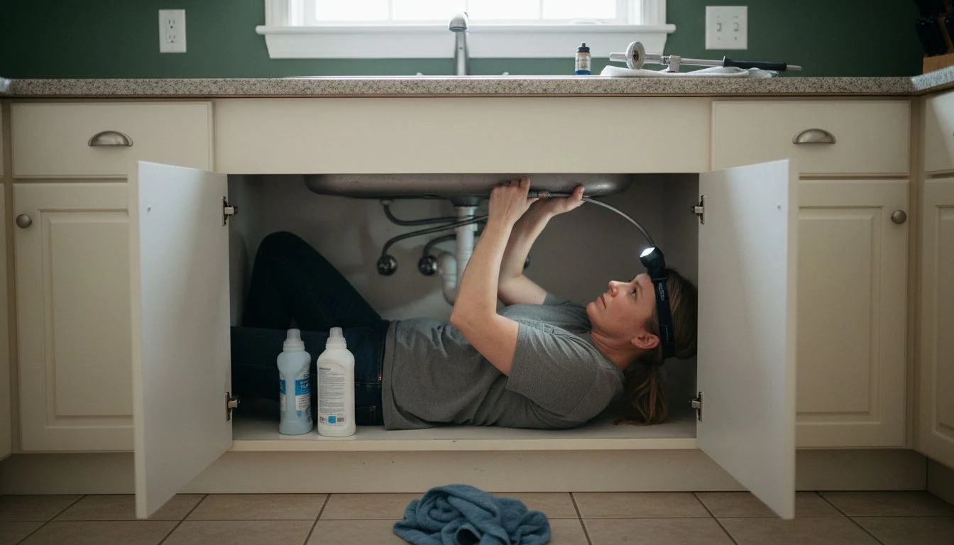 A woman lying on her back inside an open kitchen sink cabinet with a headlamp, hands up at the supply lines under the basin while the pulled-apart faucet sits on the counter above, the real work behind how to fix a dripping kitchen faucet