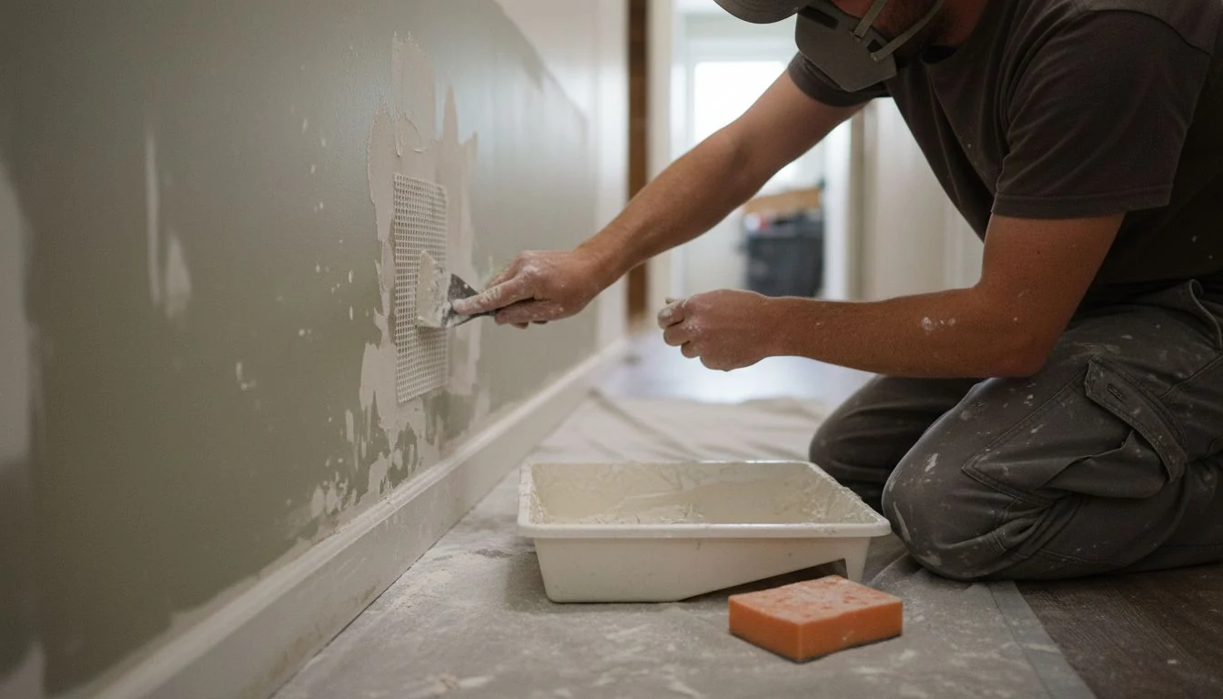 A taping knife spreading joint compound over a mesh patch on a hallway wall, showing how to patch a drywall hole of doorknob size