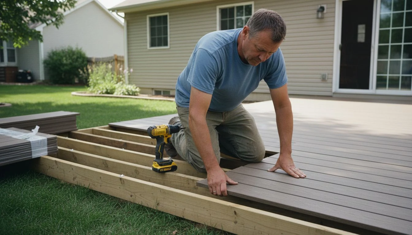 A homeowner setting a grooved composite deck board onto pressure-treated joists on a half-finished backyard deck, the real work behind low maintenance composite decking in 2026