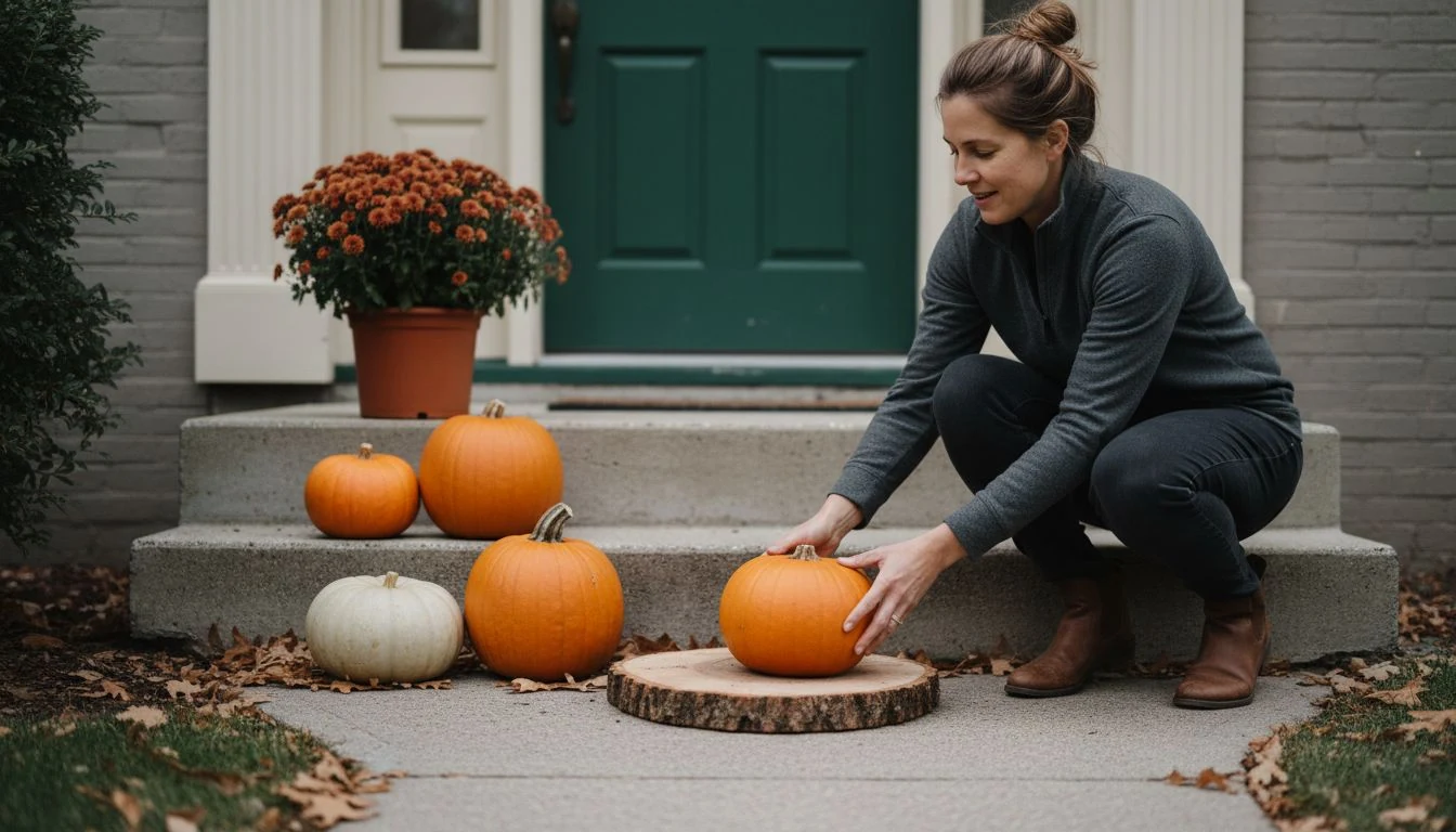 A woman setting an orange pumpkin onto a cedar round on her front steps beside white and orange pumpkins and rust mums, outdoor pumpkin decorations that last the season