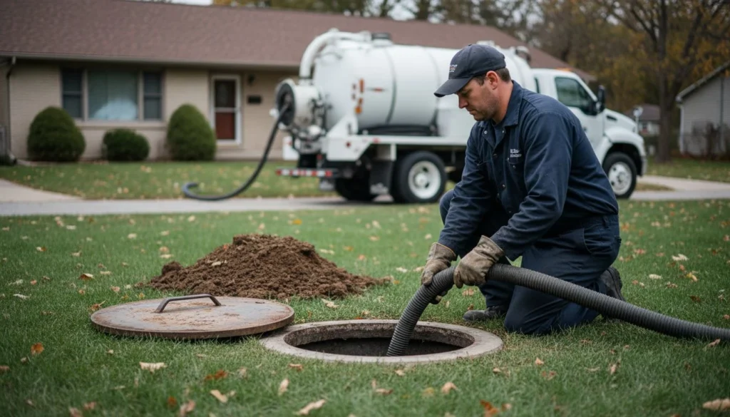 A septic service technician kneeling on an autumn lawn feeding a vacuum hose into an open concrete septic tank lid with a pump truck behind him, the work behind septic servicing cost in 2026