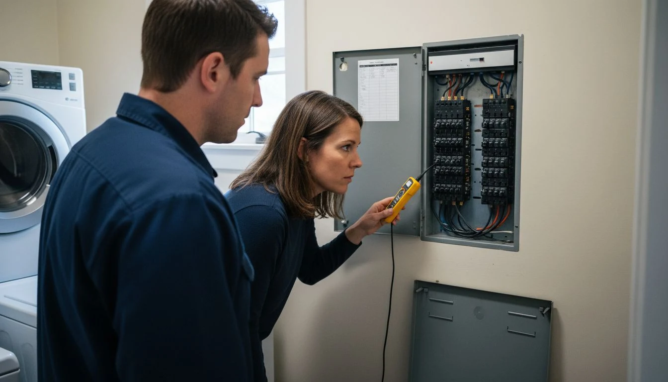 An electrician and a homeowner studying an open electrical service panel with a voltage tester in a laundry room, the work behind upgrading electrical panel service in 2026