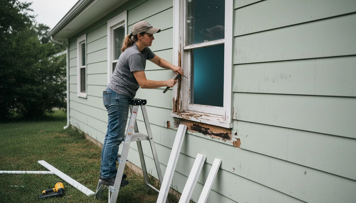 A woman on a stepladder prying rotted painted casing off an exterior window opening with fresh PVC boards waiting below, the real work behind window trim replacement cost in 2026