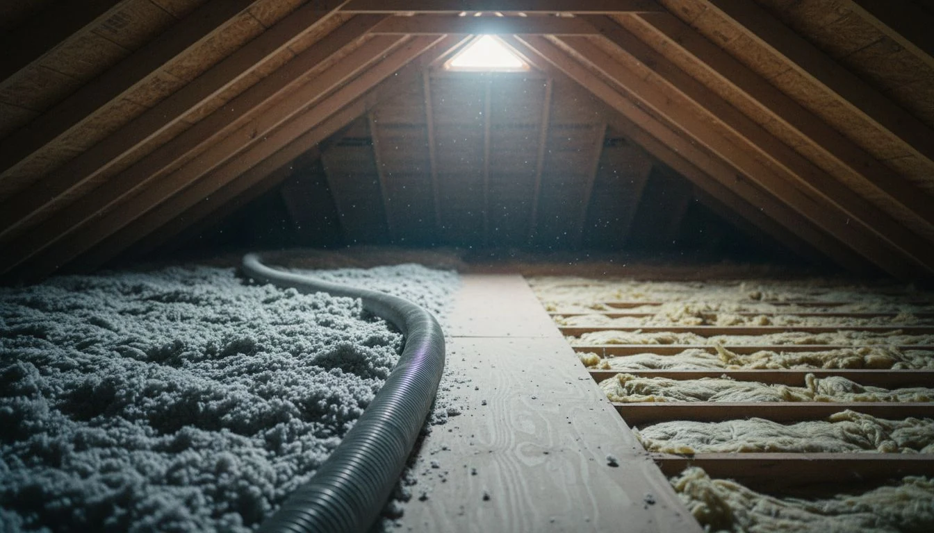Attic insulation cost in 2026: an attic halfway through a blown-in job, fresh gray cellulose covering the joists on one side, old flattened fiberglass batts on the other, a blowing hose on the walkway