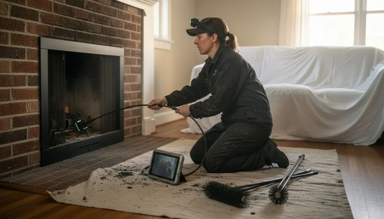 Chimney inspection cost in 2026: a chimney sweep in soot-stained coveralls and a headlamp kneeling on a drop cloth at a red brick living room fireplace, feeding a video inspection camera cable into the firebox, the monitor, chimney brushes and soot on the cloth