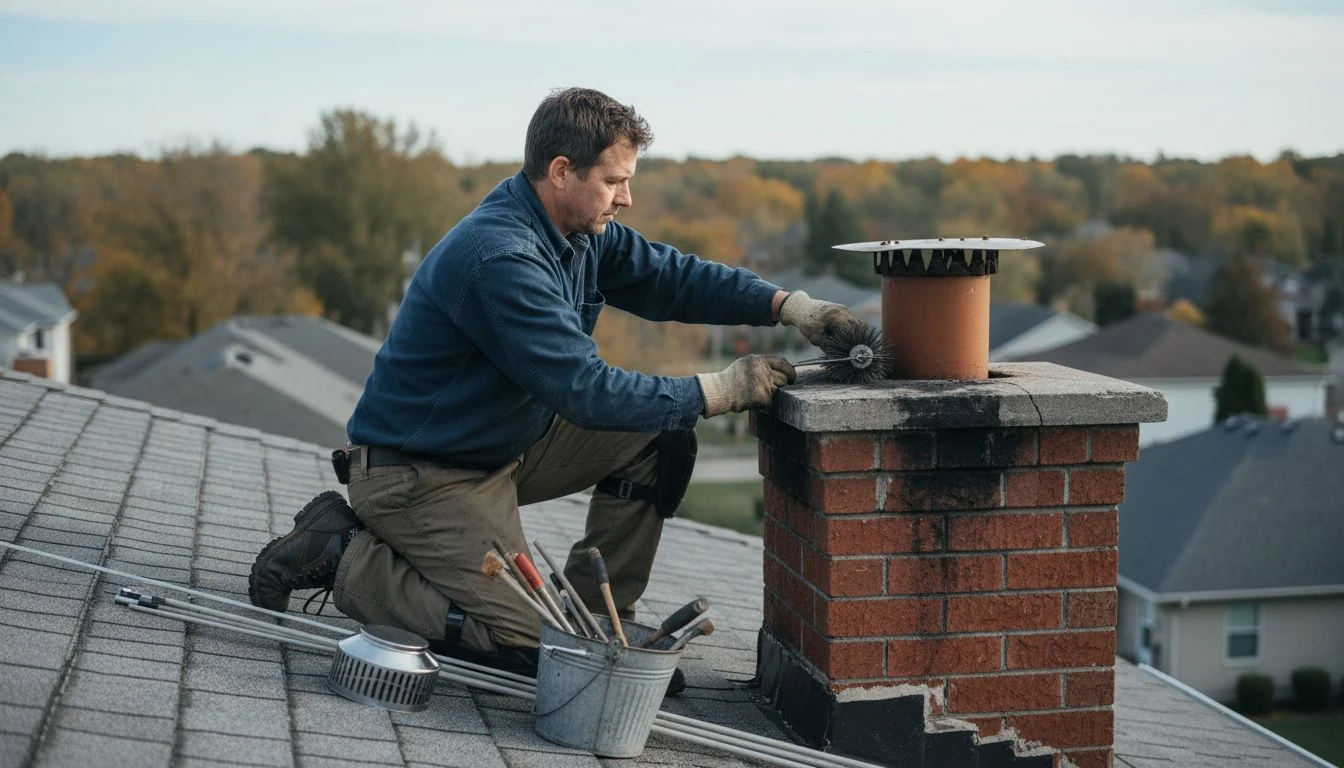 Chimney sweep cost in 2026: a sweep kneeling on a suburban roof beside a red brick chimney, holding a round wire flue brush at the open flue with rods and a tool bucket on the shingles
