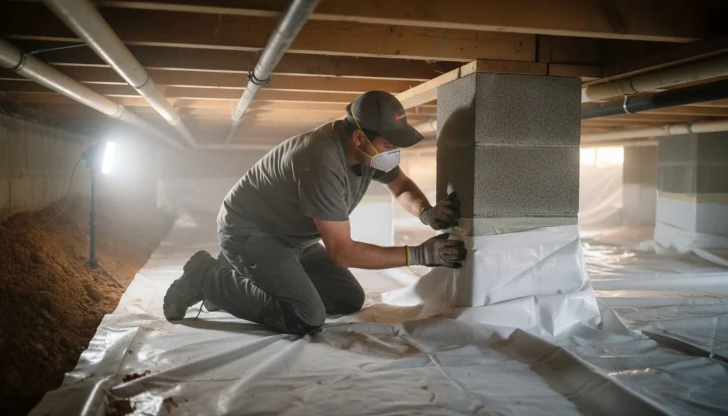 Crawl space encapsulation cost in 2026: a contractor in a dust mask kneeling under wooden floor joists sealing white vapor barrier liner against a concrete block pier, with bare damp earth still exposed at the edge