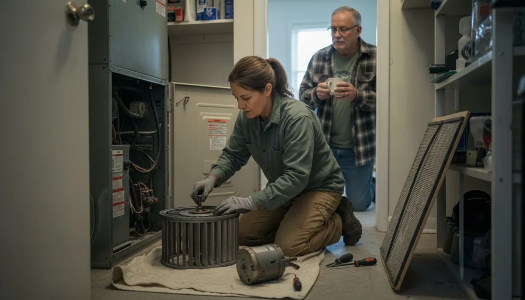 Furnace blower motor replacement cost in 2026: an HVAC technician kneeling in a utility closet fitting a new blower motor into the squirrel-cage wheel pulled from an open gas furnace, the old motor on a drop cloth