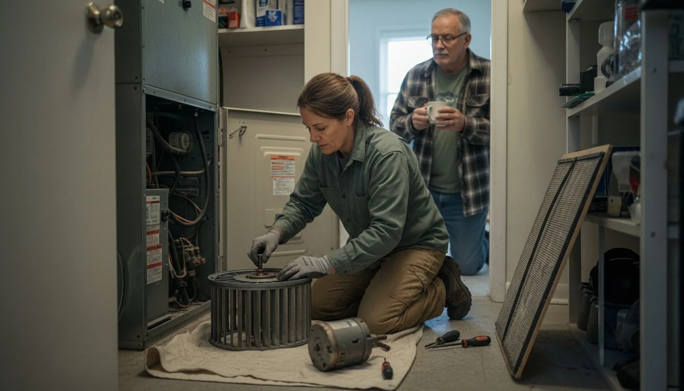 Furnace blower motor replacement cost in 2026: an HVAC technician kneeling in a utility closet fitting a new blower motor into the squirrel-cage wheel pulled from an open gas furnace, the old motor on a drop cloth