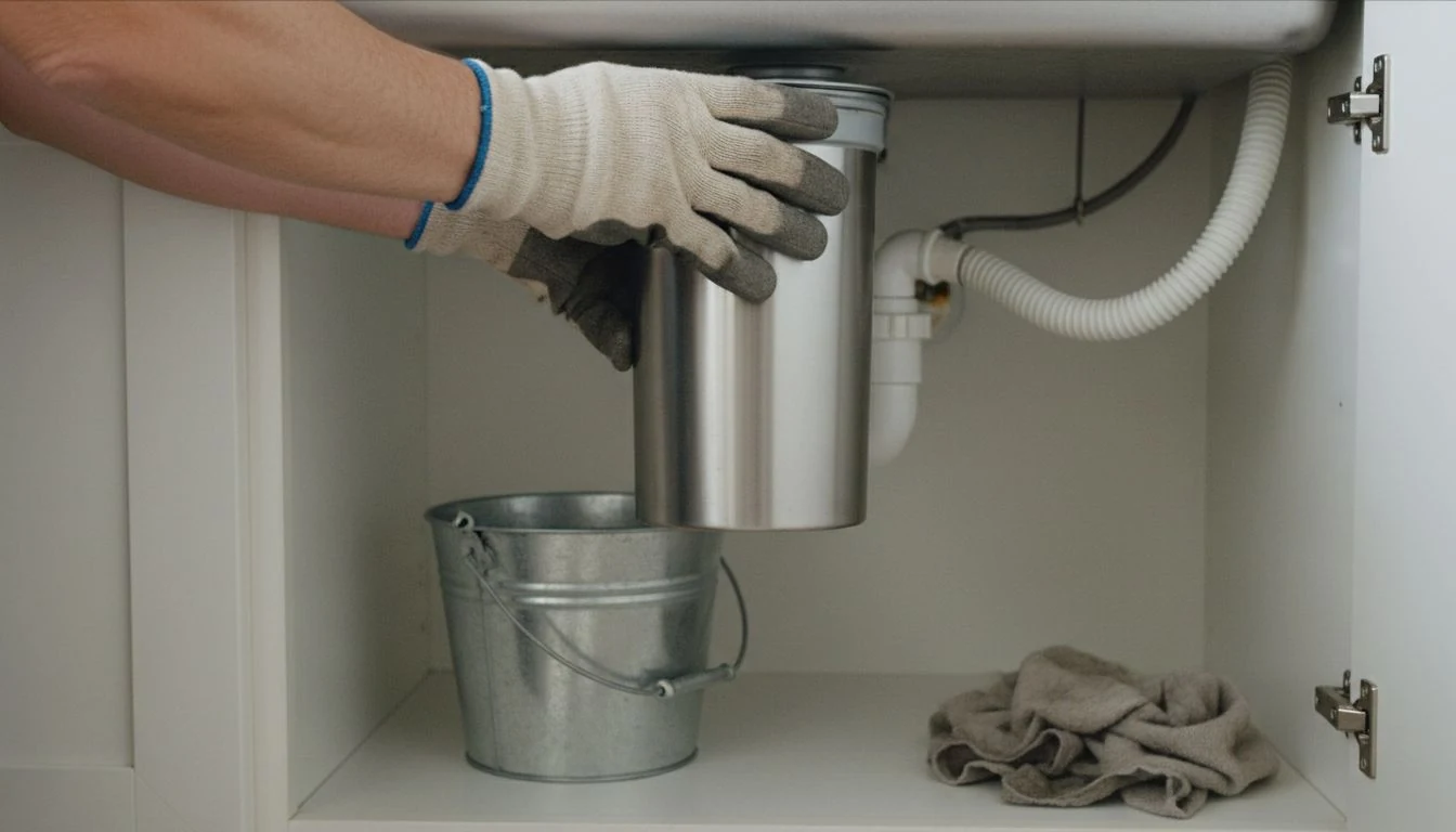 Garbage disposal replacement in 2026: a gloved hand lifting a stainless garbage disposal canister into its mounting ring under a kitchen sink, with the white PVC drain trap, dishwasher hose, bucket and damp towel in the open base cabinet