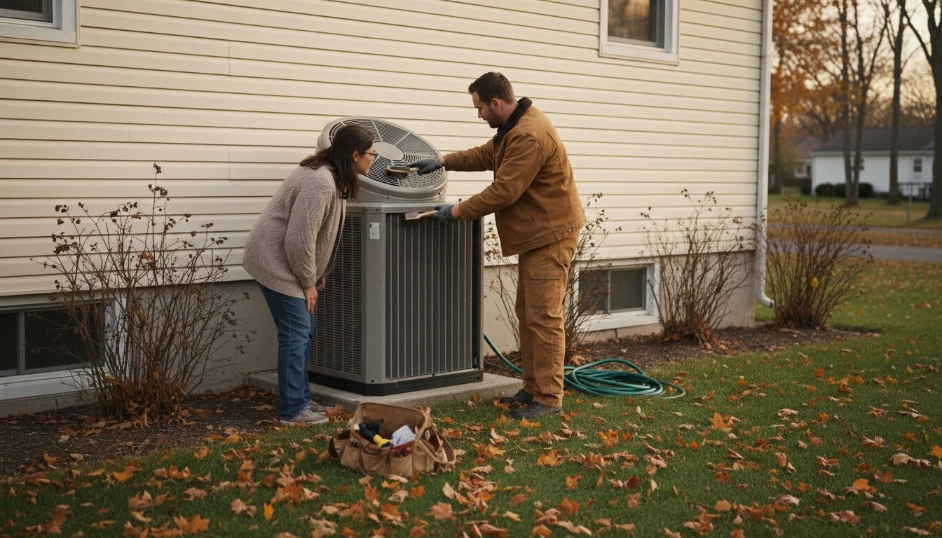Heat pump maintenance in 2026: an HVAC technician brushing the coil fins inside an open outdoor heat pump unit beside a house while the homeowner watches, autumn leaves scattered across the concrete pad