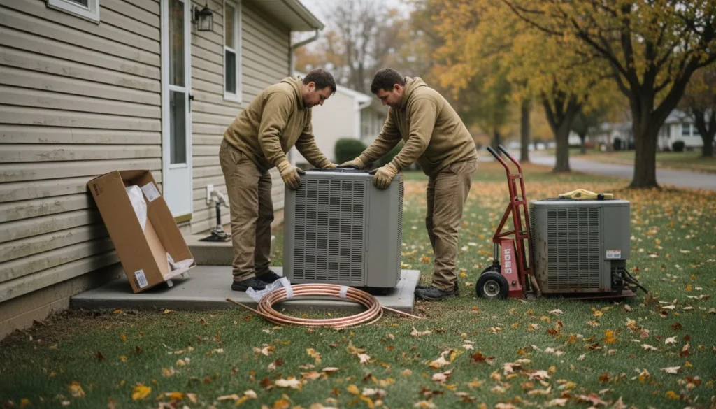HVAC system replacement cost in 2026: two installers lowering a new central air conditioner condenser onto a concrete pad in a side yard, the old unit on a hand truck and a boxed furnace leaning against the house