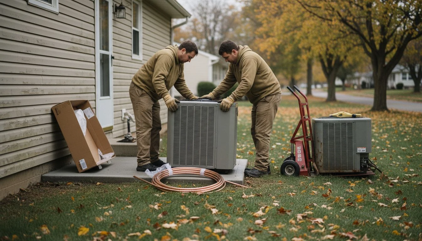 HVAC system replacement cost in 2026: two installers lowering a new central air conditioner condenser onto a concrete pad in a side yard, the old unit on a hand truck and a boxed furnace leaning against the house