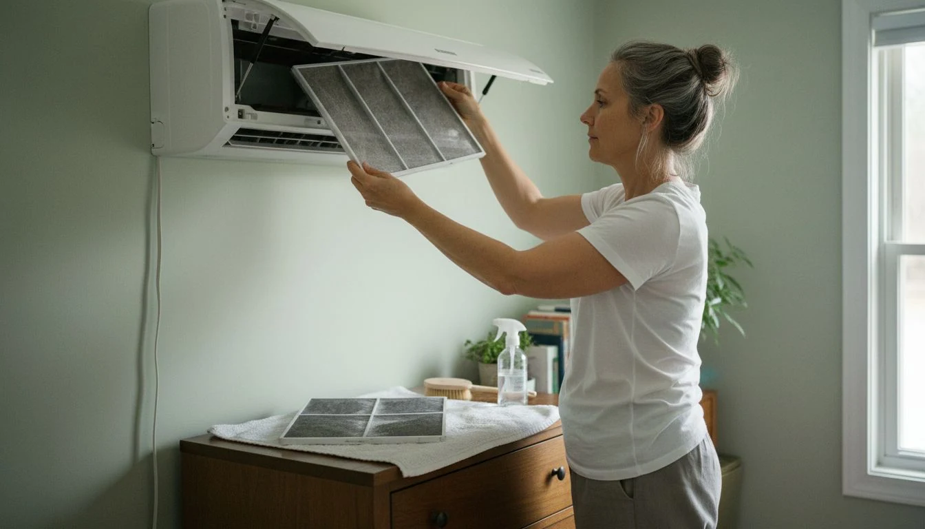 Mini split maintenance at home: a woman on a step stool in a bedroom sliding a dusty mesh filter out of an open wall-mounted ductless mini split, a rinsed filter drying on a towel on the dresser