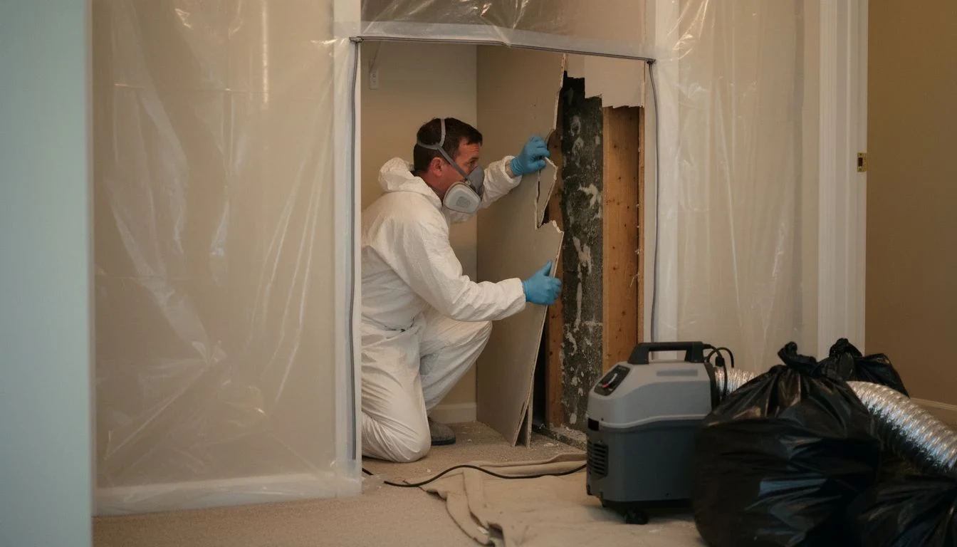 Mold remediation cost in 2026: a technician in a white coverall and respirator pulling moldy drywall off a hallway closet wall inside plastic containment, with an air scrubber and bagged debris on the carpet