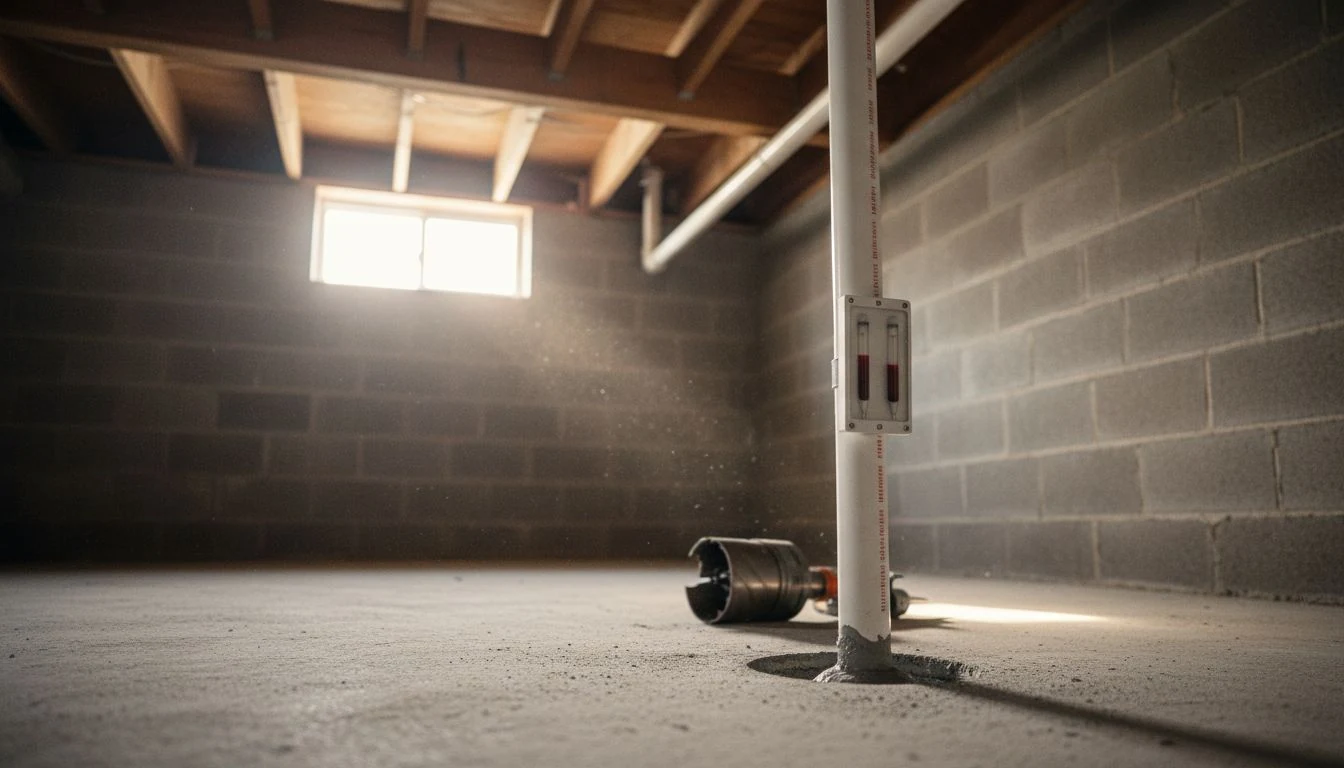 Radon mitigation system cost in 2026: a white PVC radon suction pipe rising from a freshly cored hole in a basement concrete slab, a U-tube manometer with red liquid on the pipe and the core drill bit still on the floor