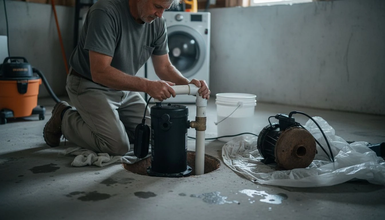 Sump pump replacement cost in 2026: a plumber kneeling in an unfinished basement fitting a new submersible sump pump and PVC discharge pipe into the pit, the old rusted pump on a tarp beside him