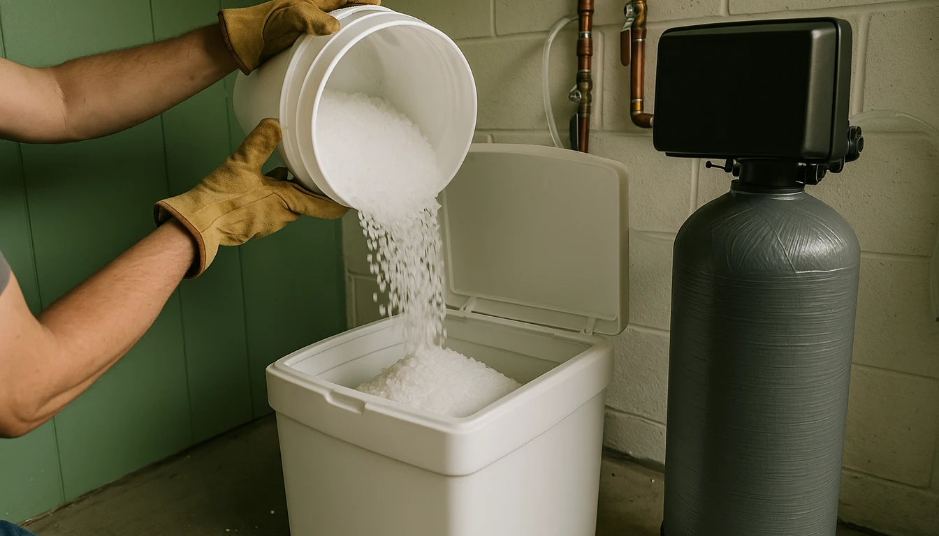 Water softener installation cost in 2026: gloved hands pouring softener salt from a white bucket into an open brine tank next to a newly installed gray resin tank with its control valve, copper supply pipes and a drain tube on a garage wall