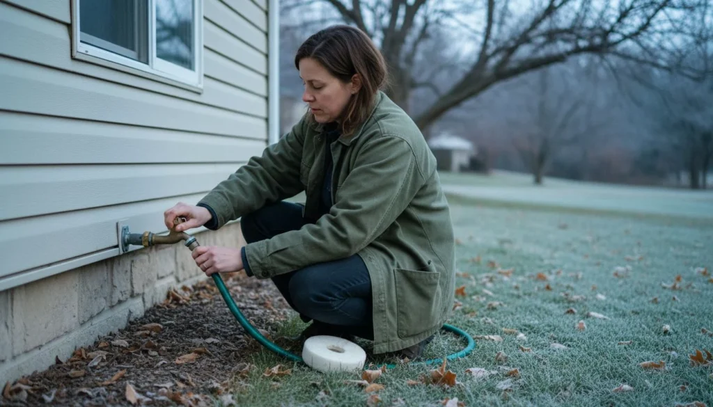 Winterize house in 2026: a homeowner crouched at the siding unscrewing a garden hose from a brass outdoor spigot, an insulating foam faucet cover on the frosty lawn