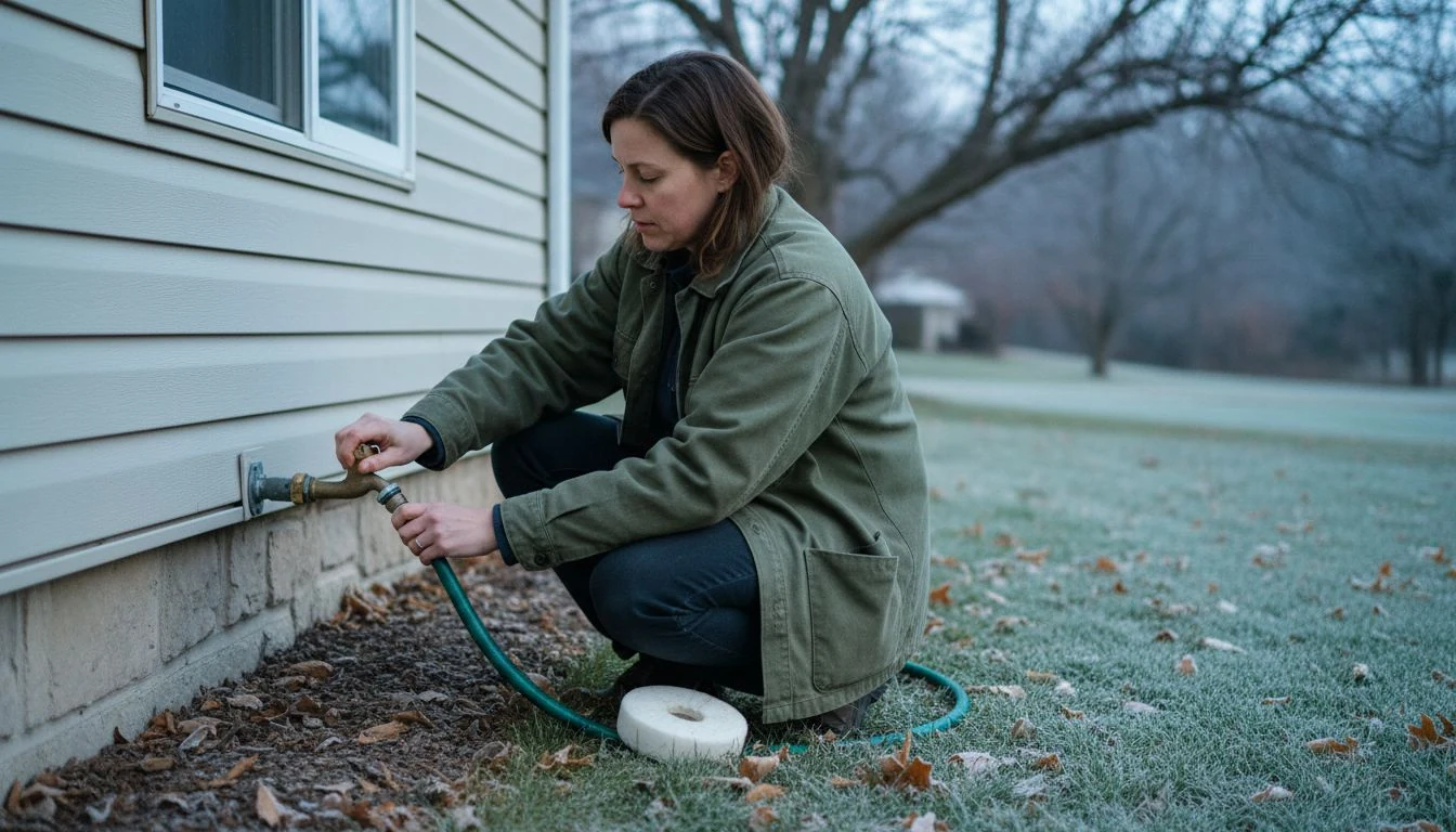 Winterize house in 2026: a homeowner crouched at the siding unscrewing a garden hose from a brass outdoor spigot, an insulating foam faucet cover on the frosty lawn