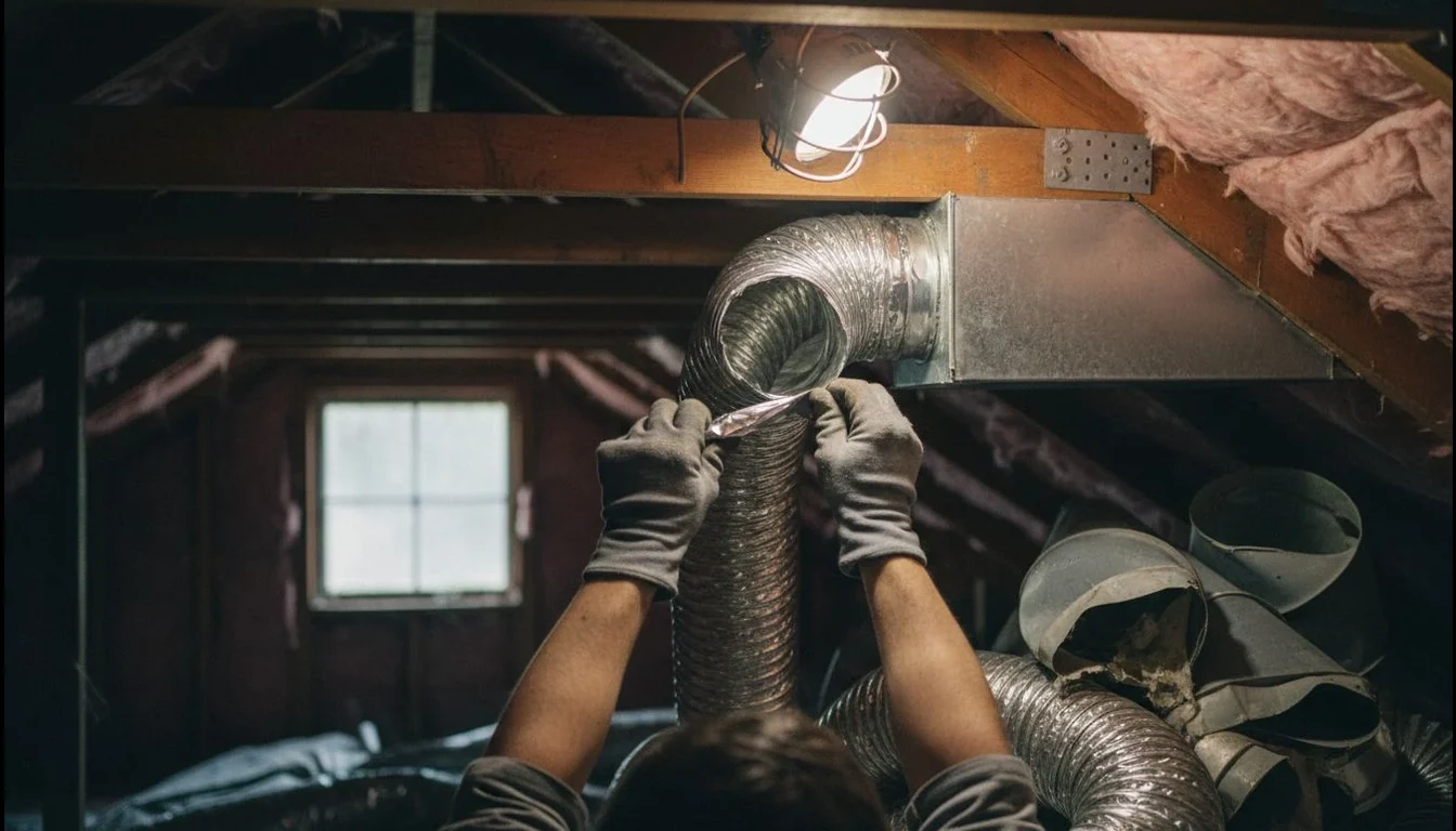 Air duct replacement cost: gloved hands sealing the joint between a new insulated flexible air duct and a sheet metal trunk line in an attic, old crushed duct piled beside the insulation