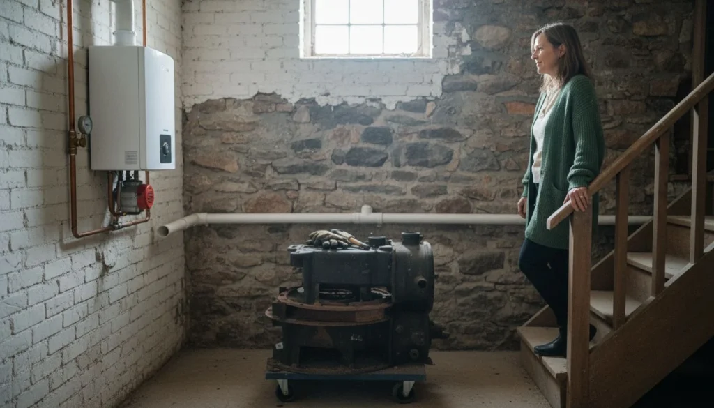 Boiler replacement cost in 2026: a new wall-mounted gas boiler with copper pipes and a red circulator pump in an old stone cellar, the old cast-iron boiler on a moving dolly and a homeowner on the stairs