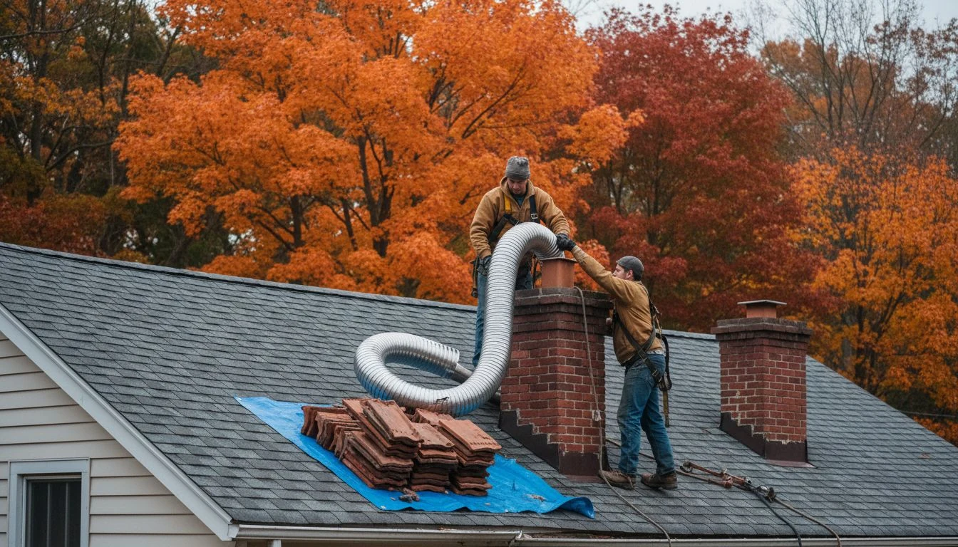 Chimney liner cost: two chimney technicians on an autumn roof feeding a coiled flexible stainless steel liner down into a red brick chimney, old clay flue tiles stacked on a blue tarp beside them