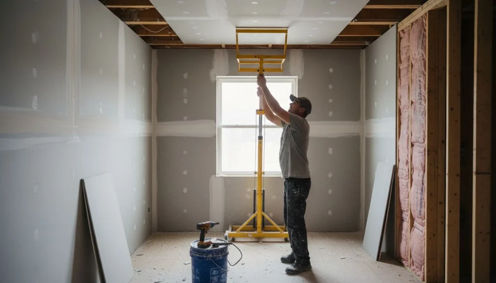 Drywall installation cost: an installer cranking a drywall lift to press a new sheet against the ceiling joists of a small bedroom, half the walls covered in fresh taped drywall and one wall still bare studs with pink insulation