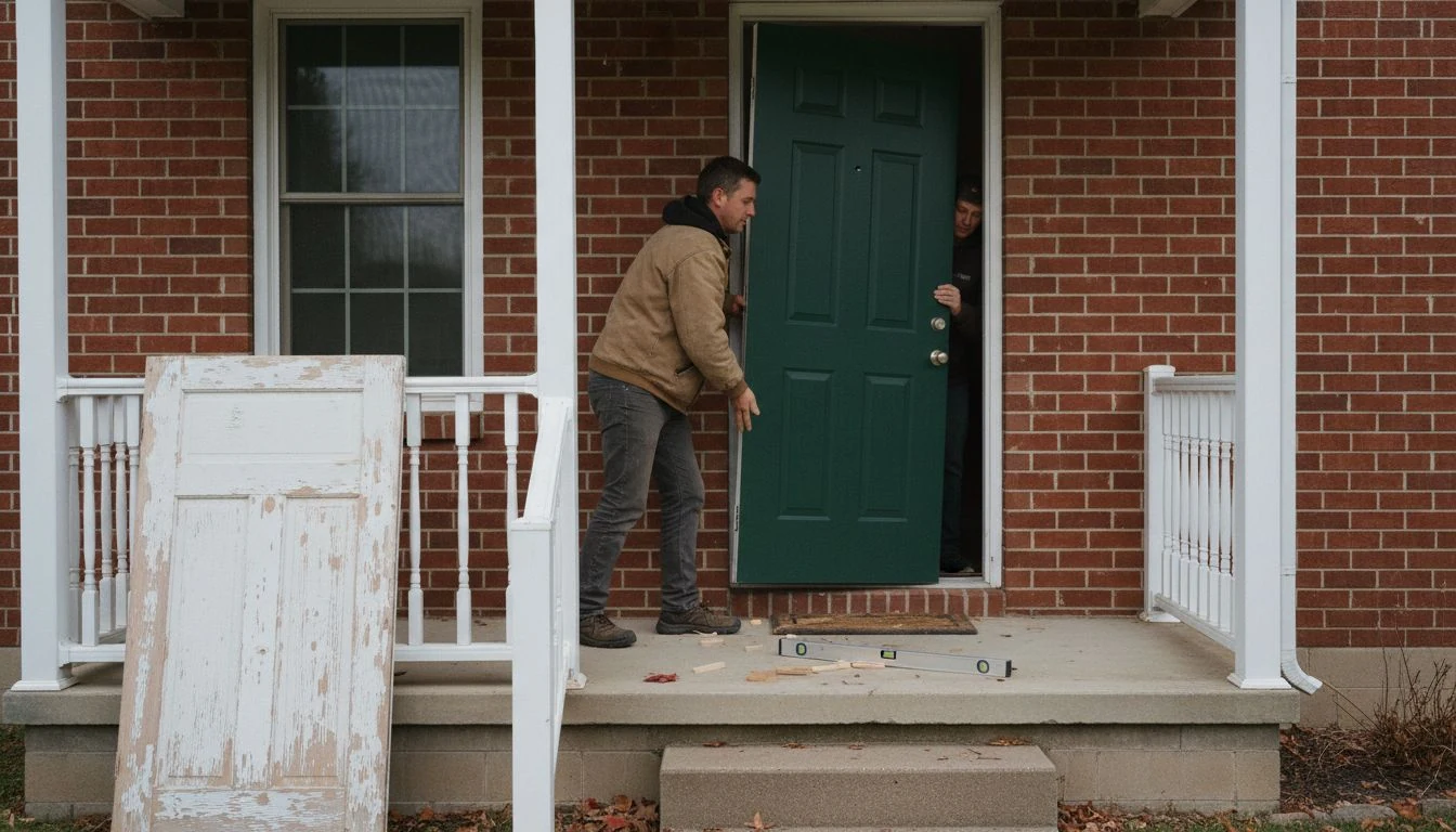 Exterior door installation cost: two installers setting a new dark green prehung fiberglass front door into the opening of a brick house, the old peeling wooden door leaning on the porch railing, shims and a level on the porch