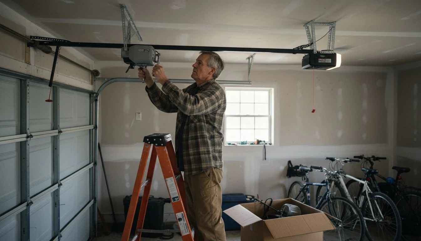 Garage door opener installation cost: a gray-haired man on an orange stepladder bolting a new opener motor to the ceiling bracket of a garage, the belt rail running to the white sectional door, the old opener in a box on the floor