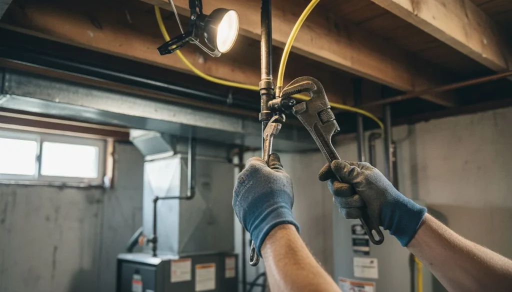 Gas line installation cost: a plumber's gloved hands tightening a black iron pipe tee with two wrenches where a new yellow flexible gas line branches off between basement ceiling joists, furnace and water heater in the background