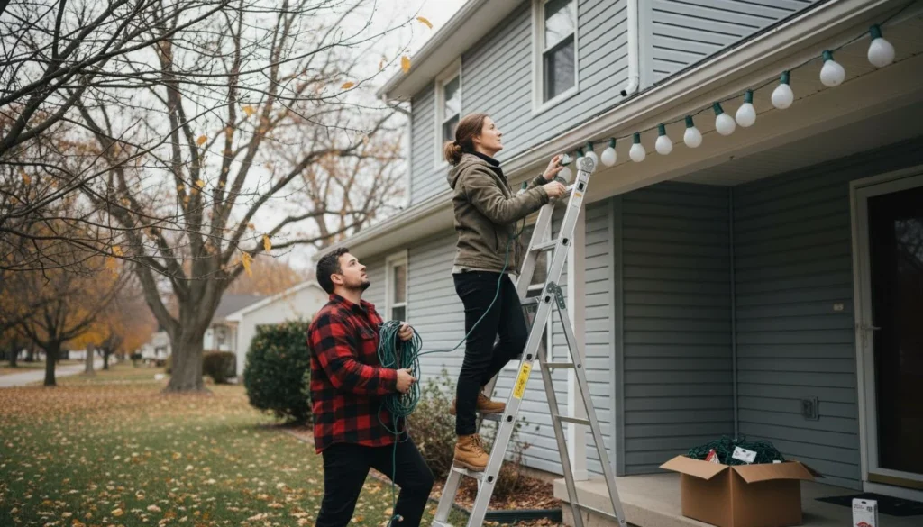 How to hang Christmas lights outside: a woman on a ladder clipping large C9 bulbs along the gutter of a gray-sided house while her partner holds the green light cord coiled on the lawn, fallen leaves on the grass
