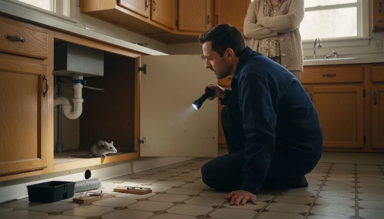Mouse exterminator cost: a pest control technician kneeling with a flashlight at an open kitchen sink cabinet where a house mouse peeks out, snap traps and a bait station on the floor, the homeowner watching