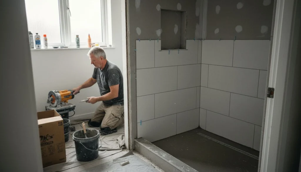 Shower remodel cost: a tile setter kneeling beside a wet saw in a gutted bathroom while a new walk-in shower takes shape behind him, large white wall tiles half set around a niche and a linear drain in the mortar floor