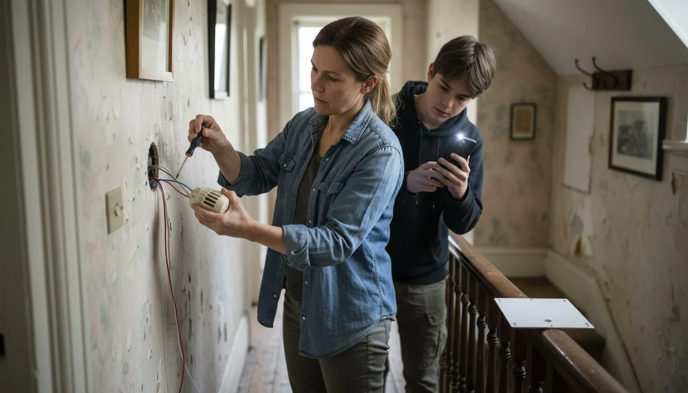 Thermostat installation cost: a woman in a hallway holding the old thermostat she just removed while her teenage son lights the low-voltage wires coming out of the wall, a new base plate waiting on the stair rail