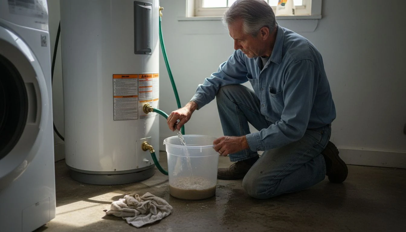 Water heater flush at home: a man kneeling beside a tank water heater in a laundry room, a garden hose on the drain valve spilling cloudy water and sandy sediment into a clear bucket